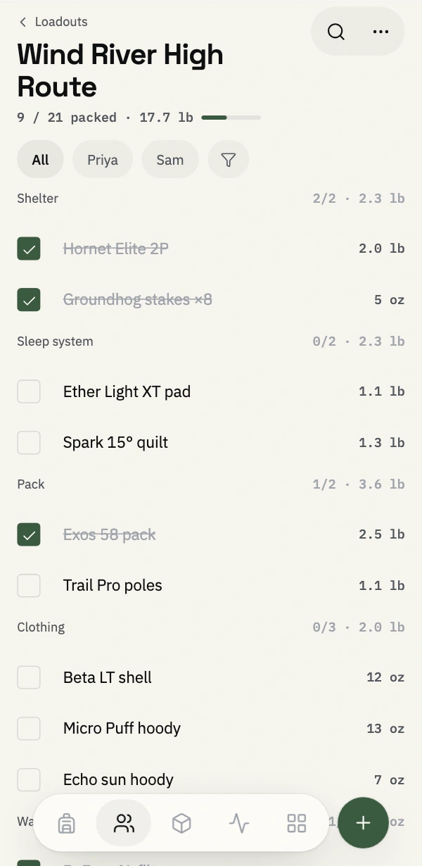 Packing checklist on mobile, items checked off with running totals